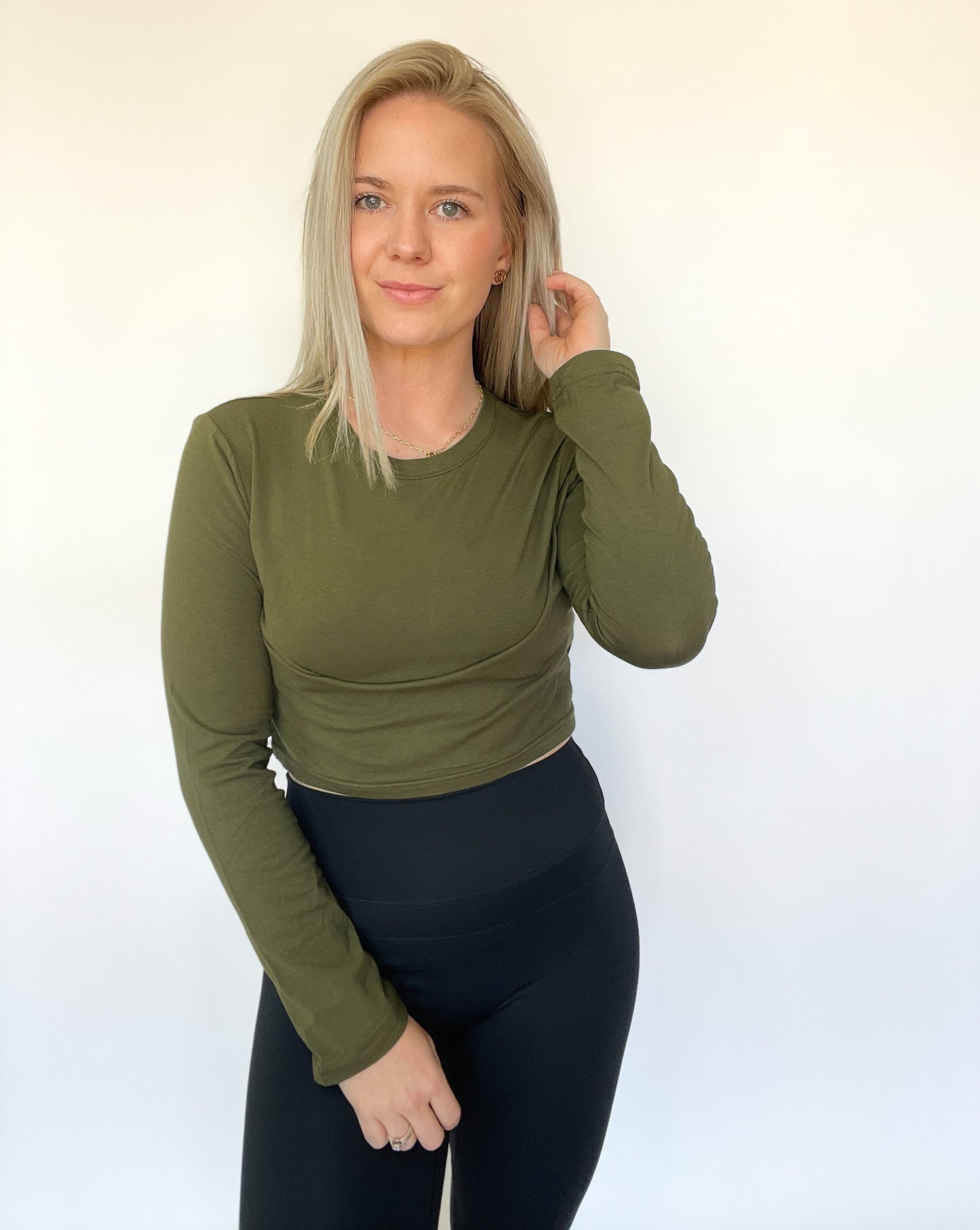 Long Sleeve Women's Crop Top - Olive Green
